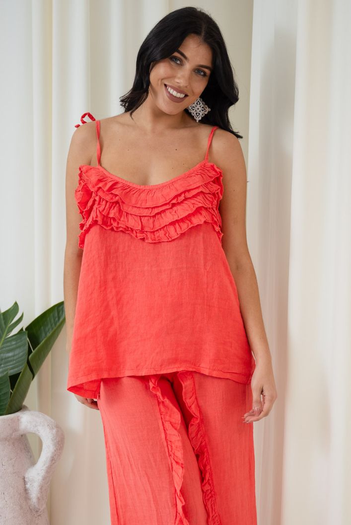Frill Front Singlet Top | Coral